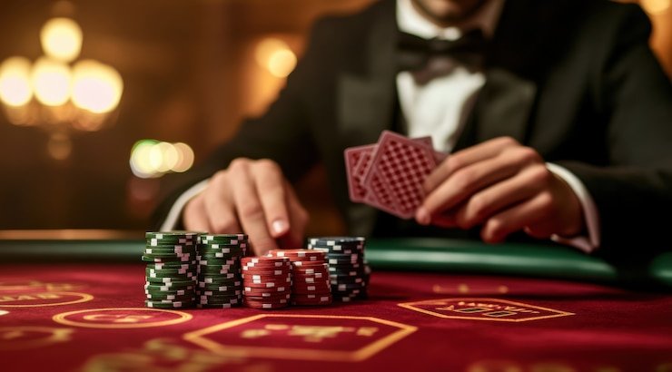 Kartu-kartu blackjack dan chip taruhan di meja live ketupat toto